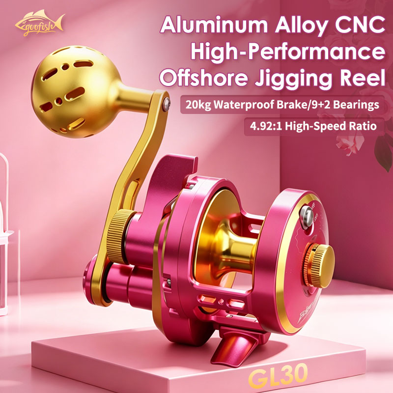 best reel speed for jig fishing Edge Jigger 30 Jigging Reel​-4.92:1 Gear Ratio-20kg Braking Force Pink&Golden / Right / 30 Aluminum CNC Saltwater Reel Model:VS100X2 bullet lures Ocean Hooks Large Barbed