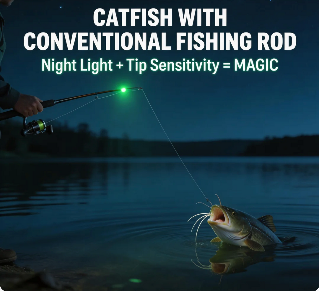 Catfish with Conventional Fishing Rod Night Light + Tip Sensitivity = Magic