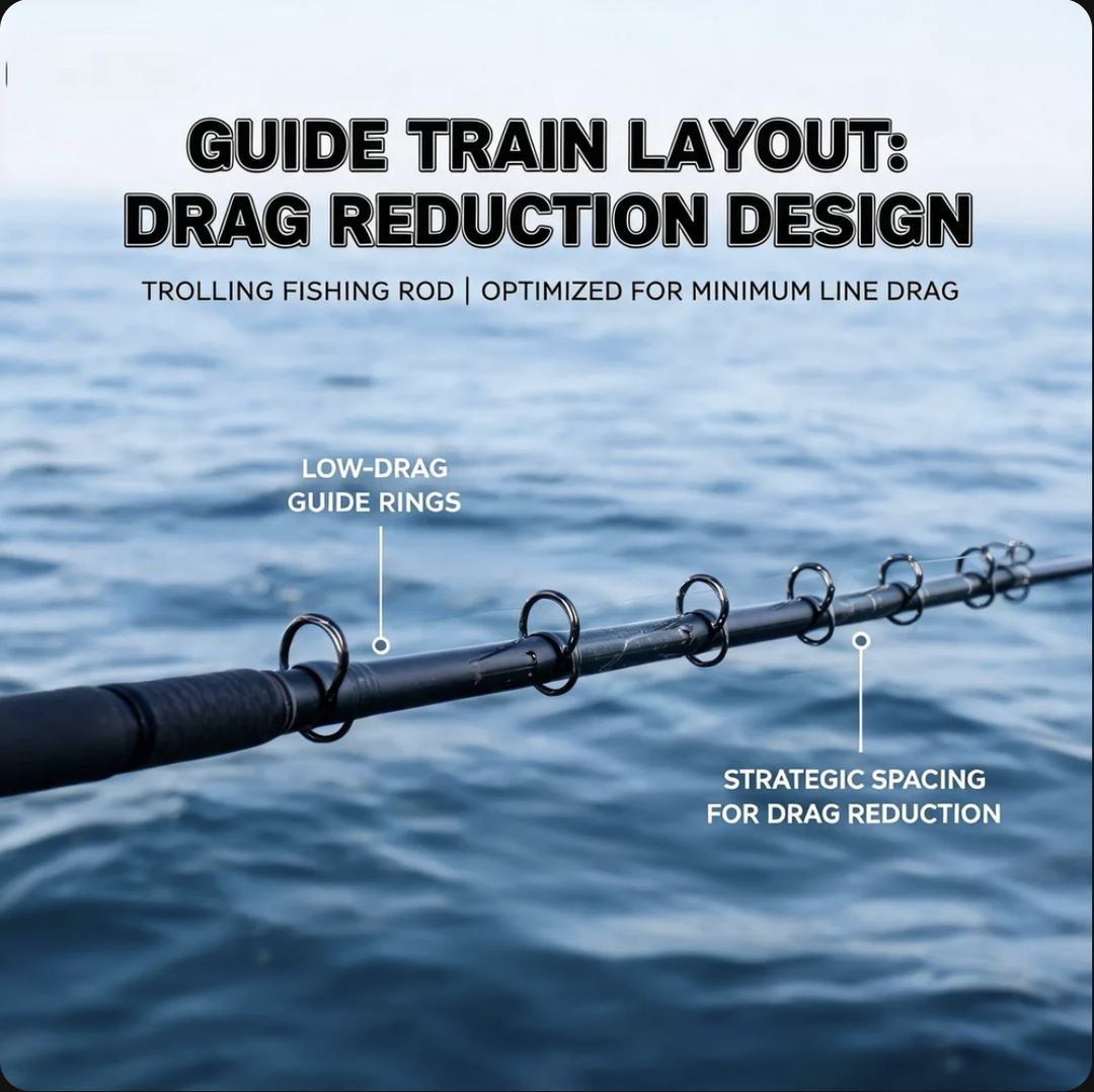 Guide Train Layout for trolling fishing rod: Drag Reduction Design