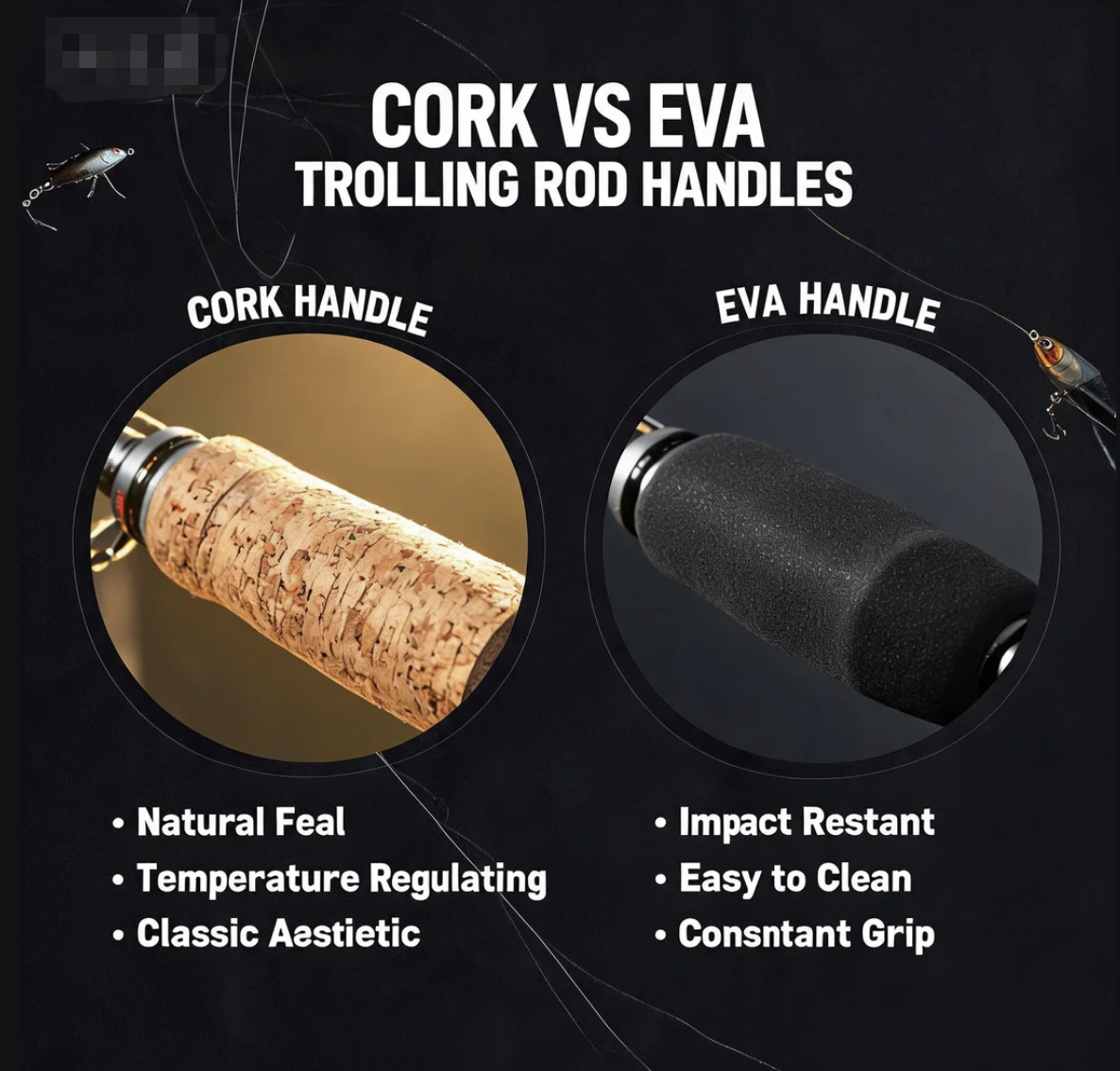 Handle Materials of Trolling Fishing Rod Cork vs EVA Comparison