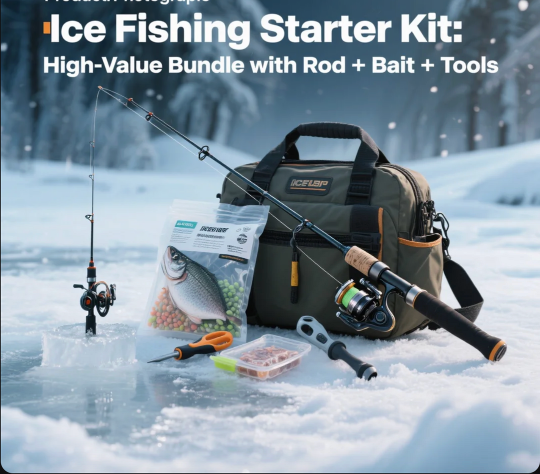 Ice Fishing Starter Kit High-Value Bundle with Rod + Bait + Tools