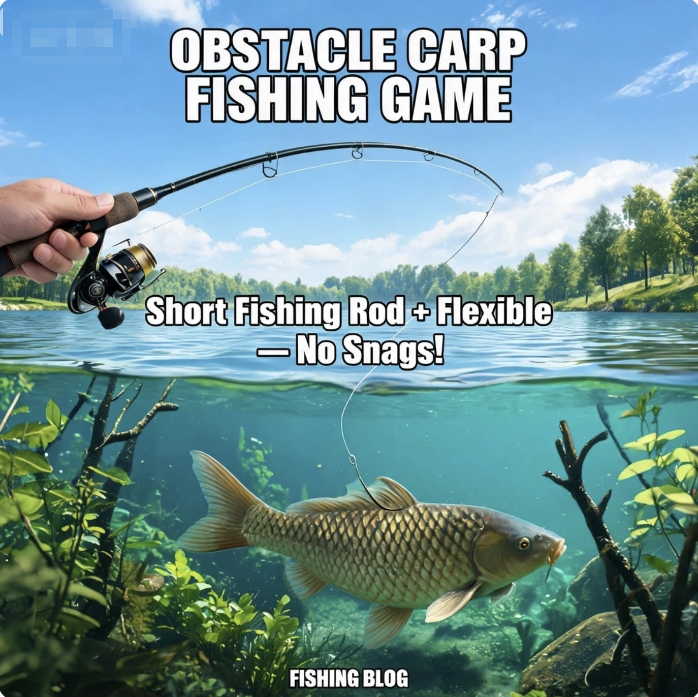 Obstacle Carp Fishing Game: Short Fsihing Rod + Flexible—No Snags