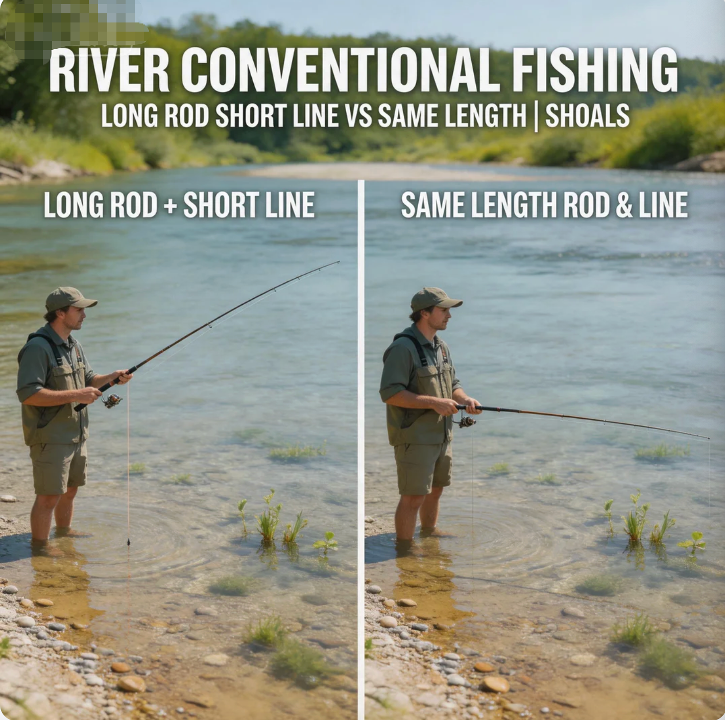 River Conventional Fishing Long Fishing Rod Short Line vs Same Length—Shoals?