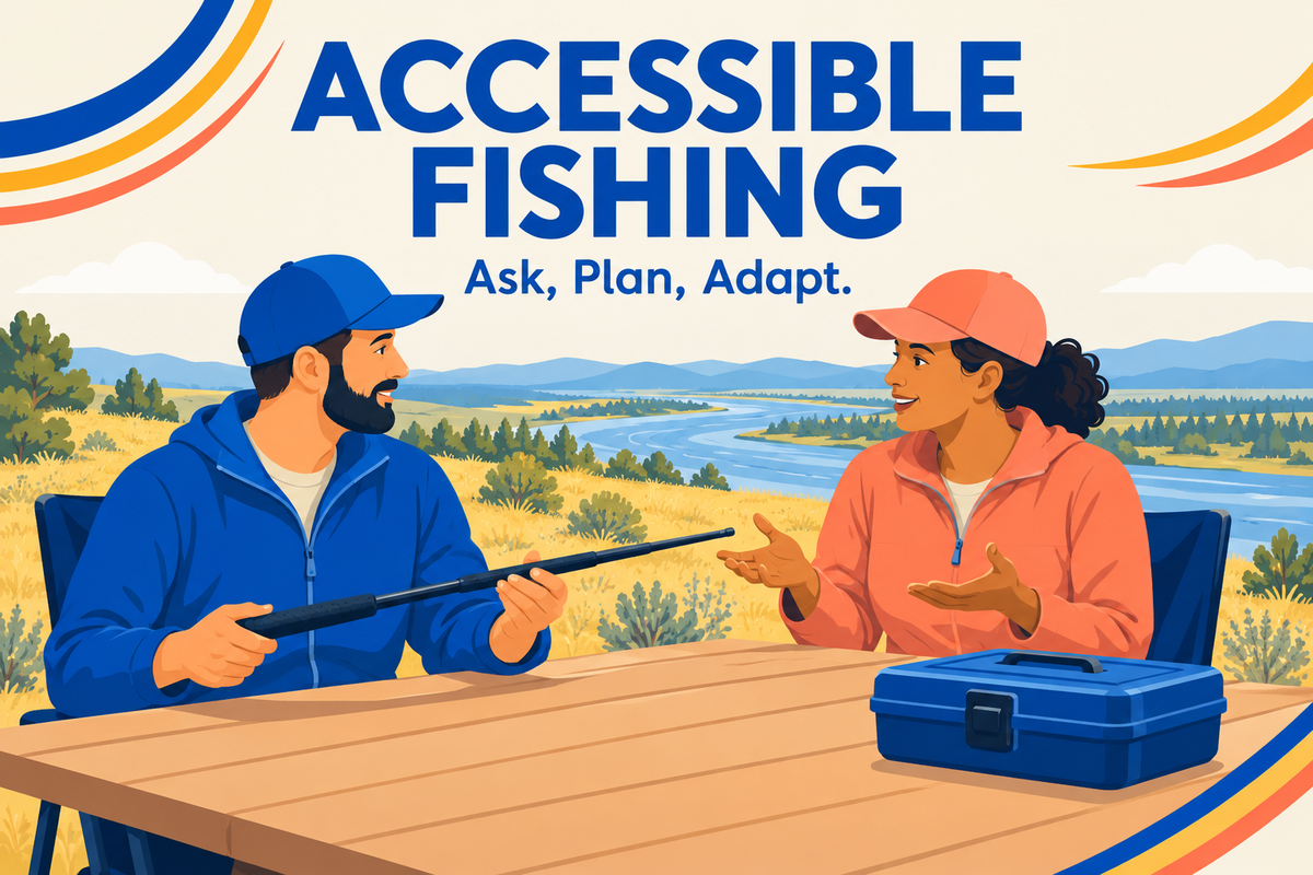 Accessible Fishing English cover showing two adults discussing a rod handle at an outdoor table with a closed tackle box, a conceptual illustration in blue, yellow and coral.