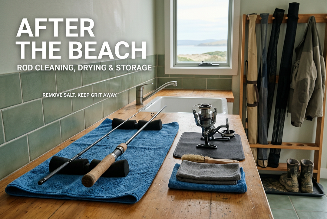 Separated rod sections on padded supports, a detached reel and cleaning cloths in a coastal utility room, with English After the Beach headline.