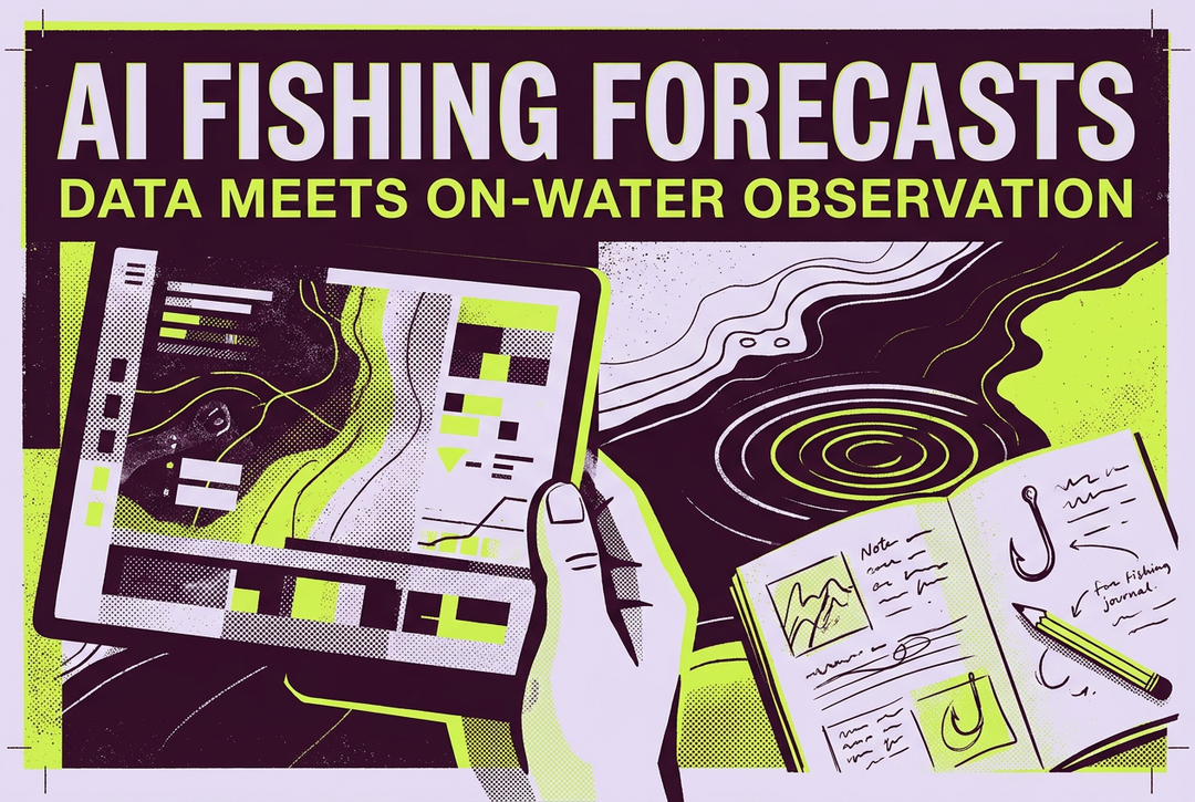 Plum, lime and lavender illustration of a forecast screen, shoreline contours and fishing journal titled AI Fishing Forecasts: Data Meets On-Water Observation.