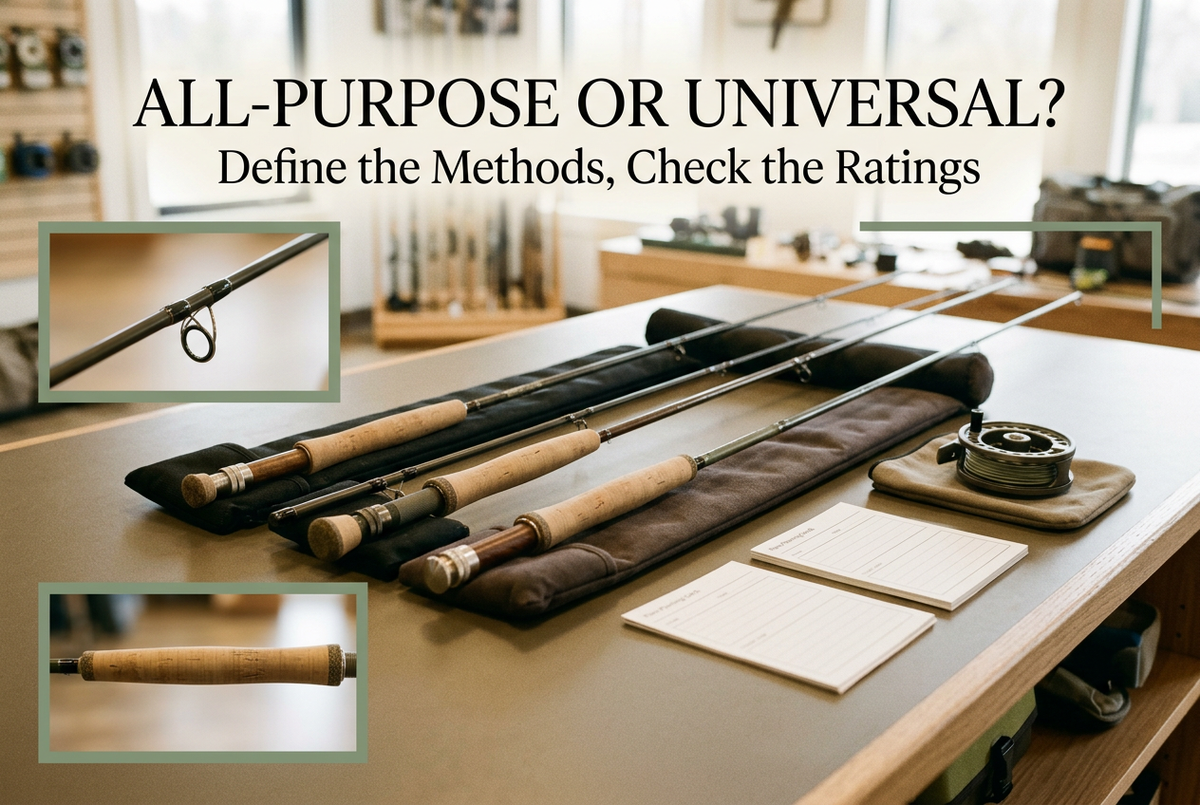 All-Purpose or Universal cover showing generic straight rods on padded showroom-table supports, with a separate reel, blank cards and sage-framed detail panels.