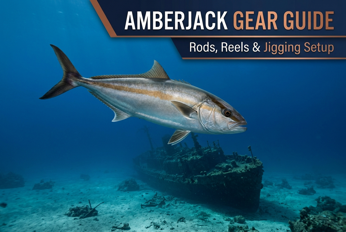 Amberjack Gear Guide cover showing a silver fish with an amber stripe swimming above a submerged wreck in deep blue water.