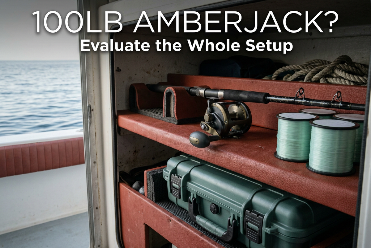 Generic rod, stationary reel, line spools and tackle case in a rust-red boat locker beneath 100lb Amberjack? Evaluate the Whole Setup.