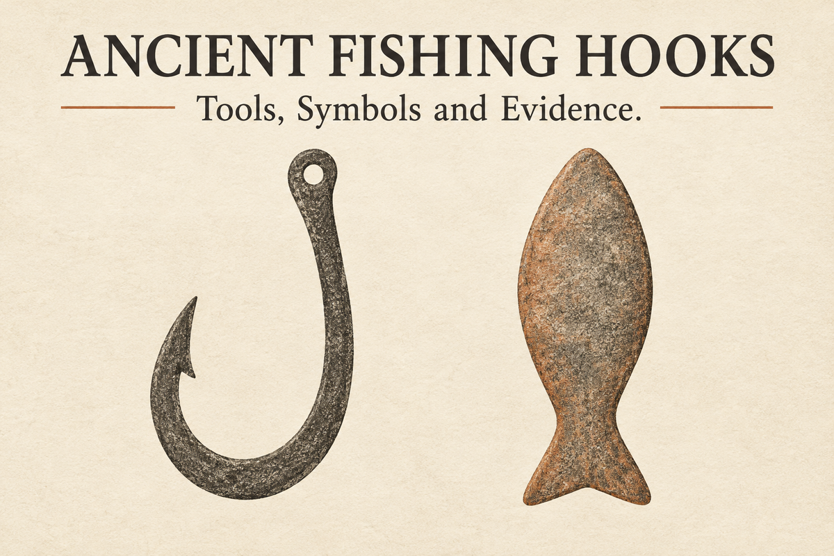 Ancient Fishing Hooks English cover with imagined hook and fish-shaped object illustrations, not photographs of identified Hemudu or Tang artifacts.