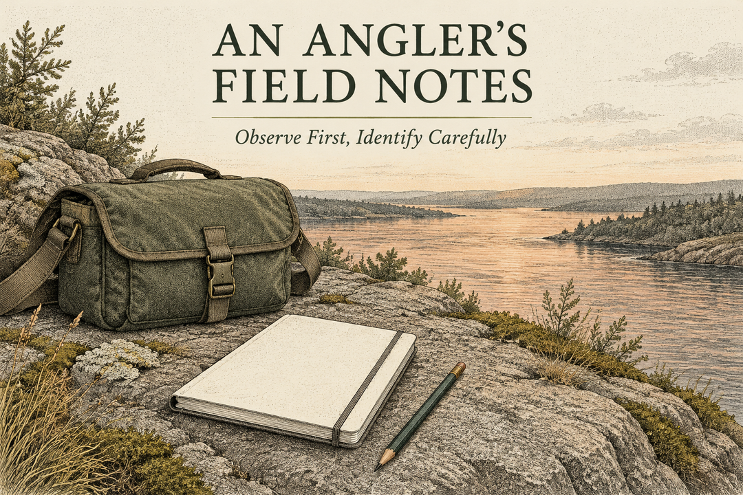 An Angler's Field Notes English cover showing a closed tackle bag, blank notebook and pencil beside a conceptual river landscape in stippled ink.