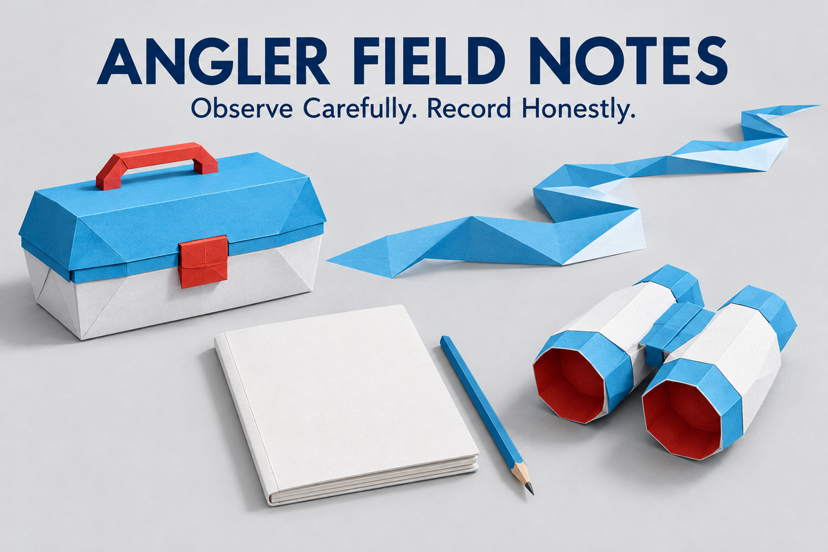 Angler Field Notes English cover with a conceptual folded-paper tackle box, separate notebook, binoculars and river ribbon in white, blue and red.