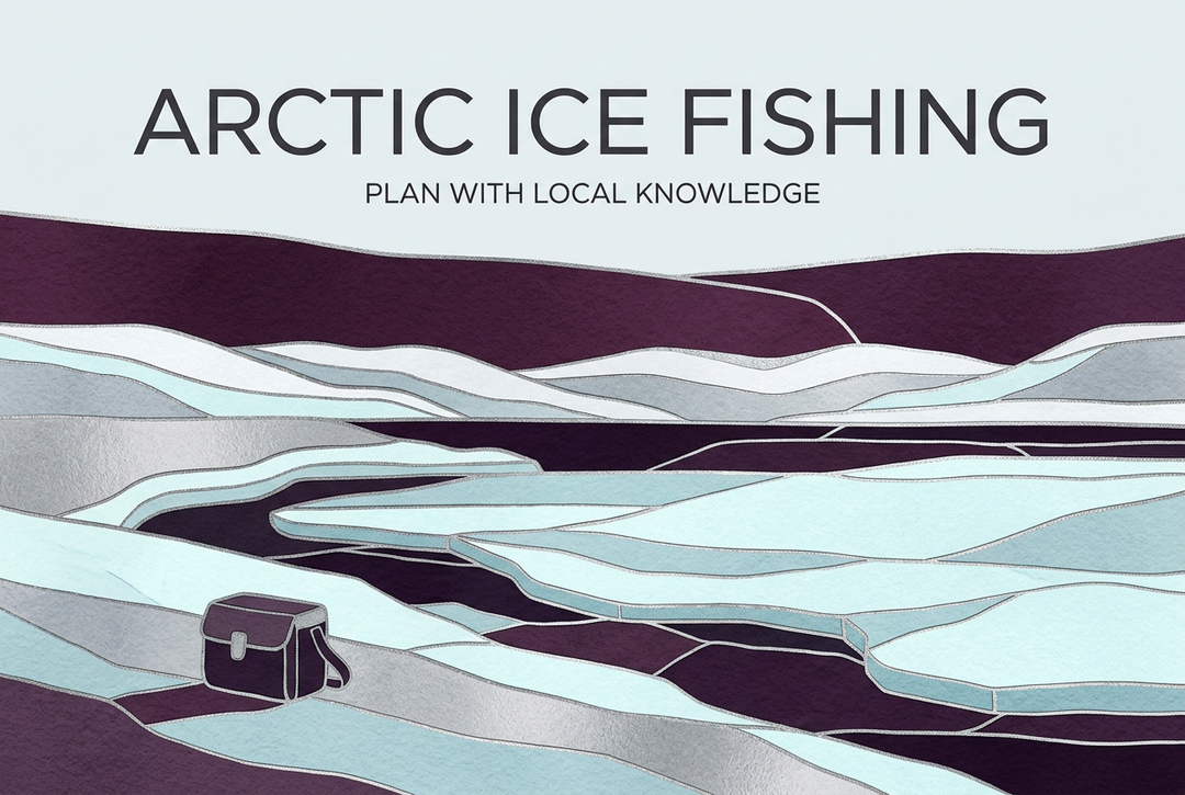 Abstract plum, ice-blue and silver Arctic coastline illustration with layered ice shapes and the heading Arctic Ice Fishing: Plan with Local Knowledge.