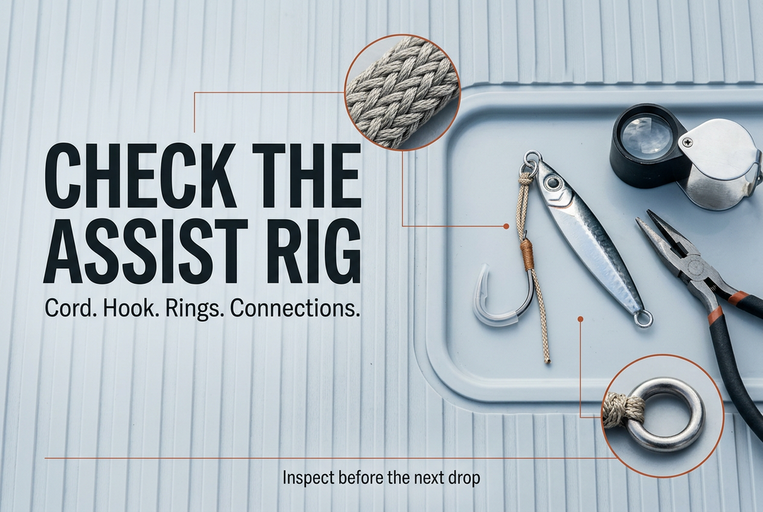 Photorealistic editorial illustration of a metal jig, protected assist hook, loupe and cord close-ups on a grey work tray, titled Check the Assist Rig.
