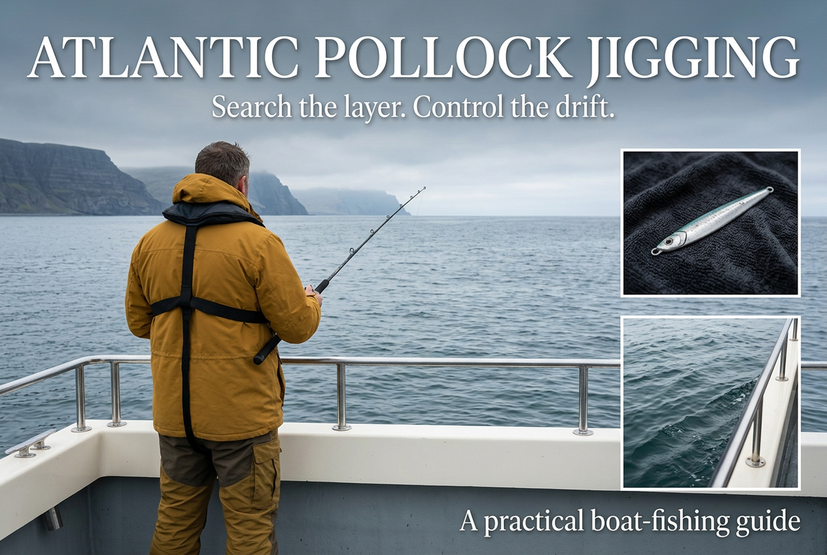 Photorealistic editorial cover showing an angler in a mustard jacket and life jacket on a coastal boat, with metal-jig and sea insets, titled Atlantic Pollock Jigging.