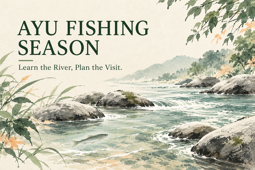 Ayu Fishing Season English cover with a conceptual freshwater river, smooth stones, summer foliage and a small fish silhouette in muted green and peach.