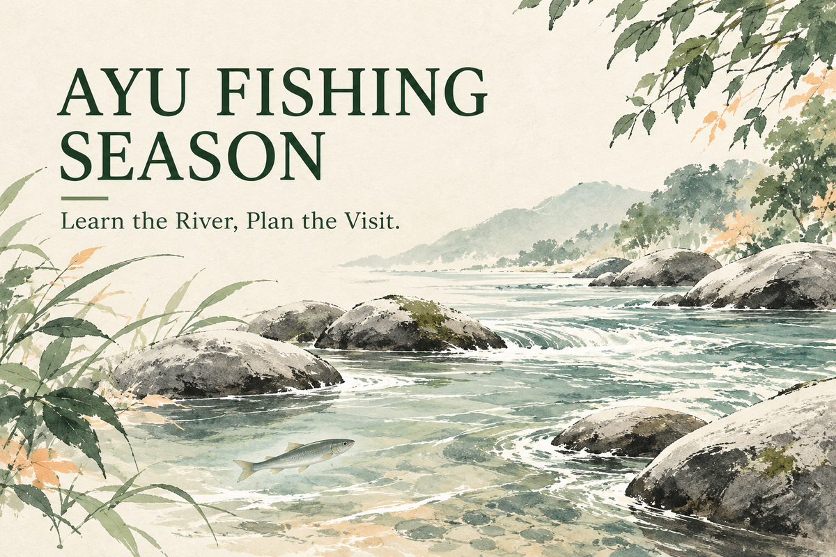 Ayu Fishing Season English cover with a conceptual freshwater river, smooth stones, summer foliage and a small fish silhouette in muted green and peach.