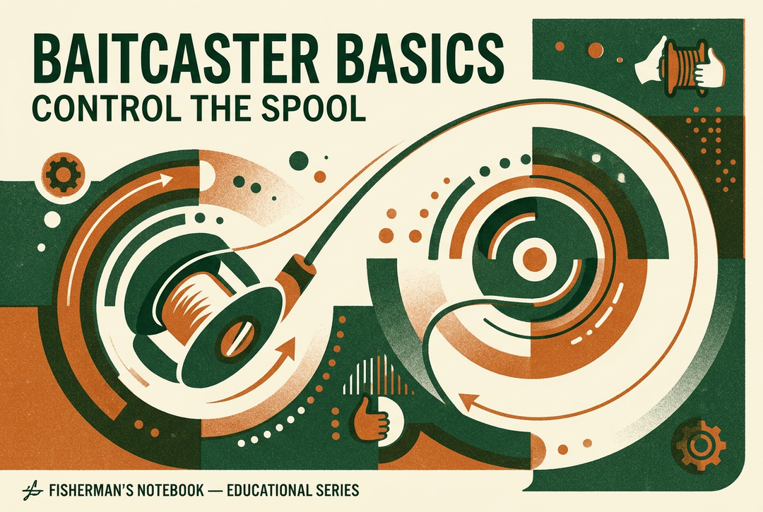 Forest-green and burnt-orange illustration of a fishing spool and casting arc with the heading Baitcaster Basics: Control the Spool.
