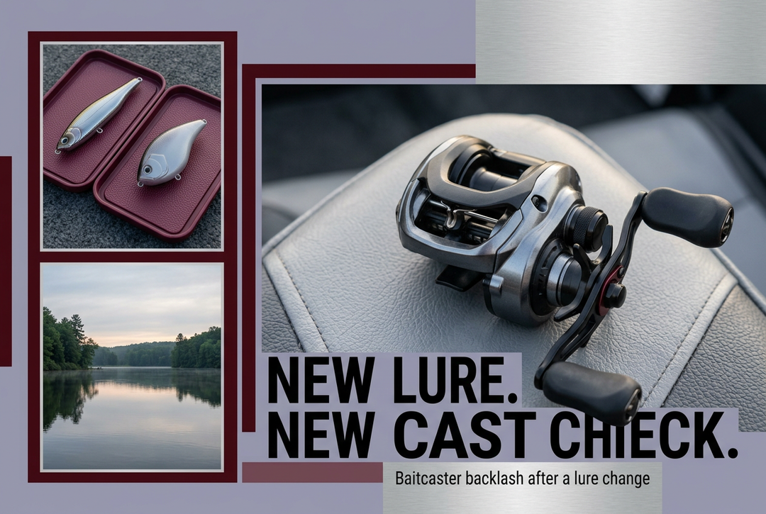 Low-profile baitcasting reel on a grey seat with inset hookless lure bodies and reservoir photographs, headed New Lure New Cast Check