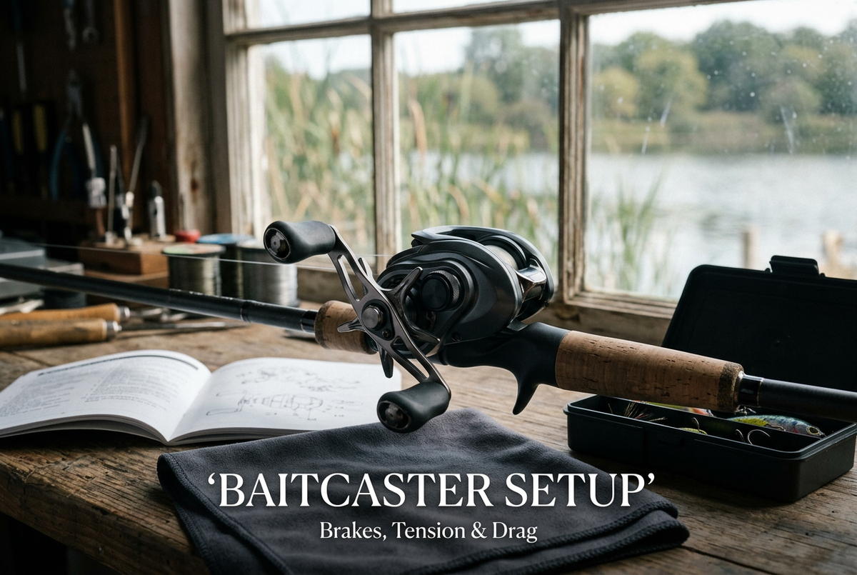 Baitcaster Setup cover showing a generic baitcasting reel on a trigger-grip rod beside an open manual, cloth and tackle box on a window-side workbench.
