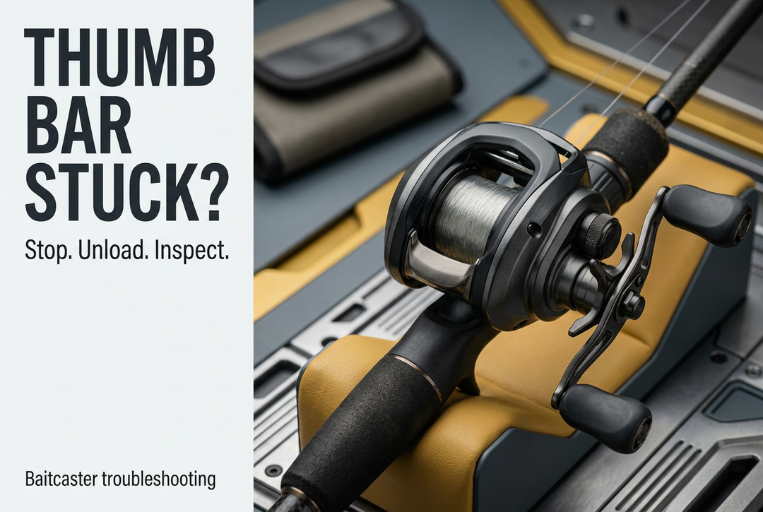 Baitcasting reel on a casting rod in a yellow padded support, with the English headline Thumb Bar Stuck? Stop. Unload. Inspect.