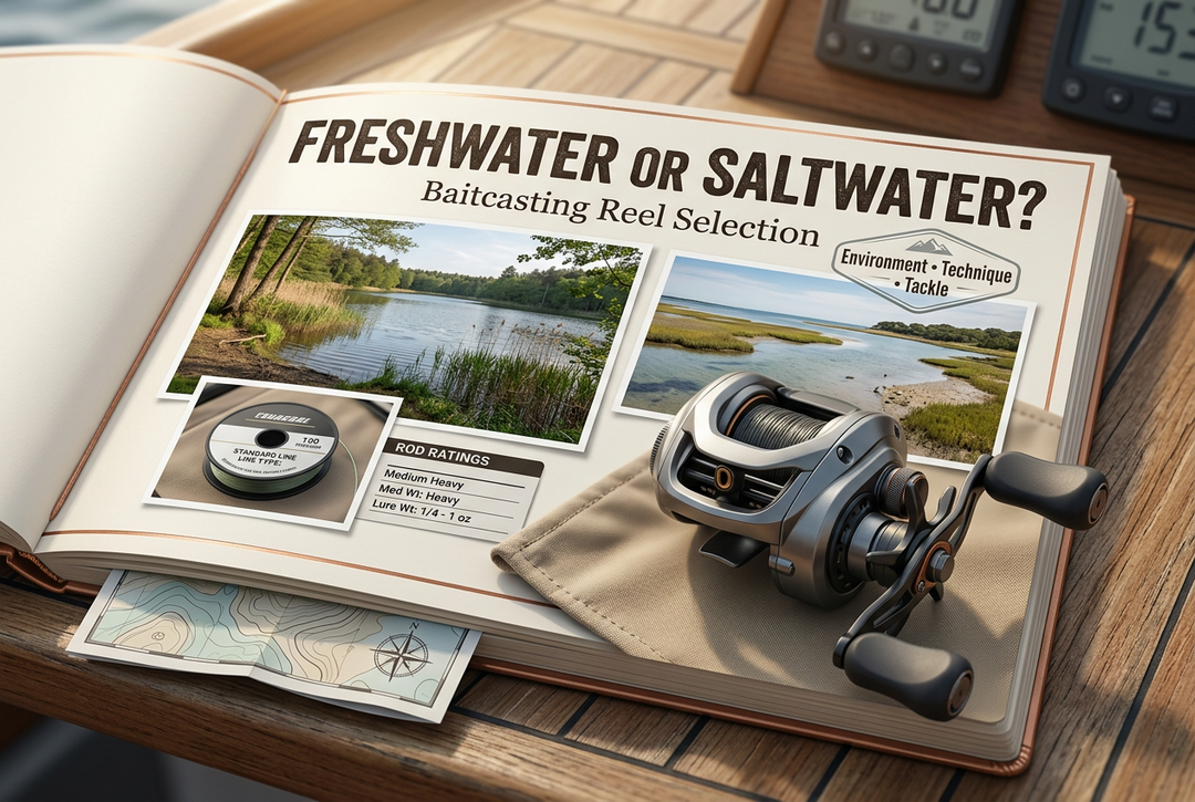 Photo-style baitcasting reel selection cover showing a reel on a dry cloth over a planning journal, with lake and estuary photo insets.