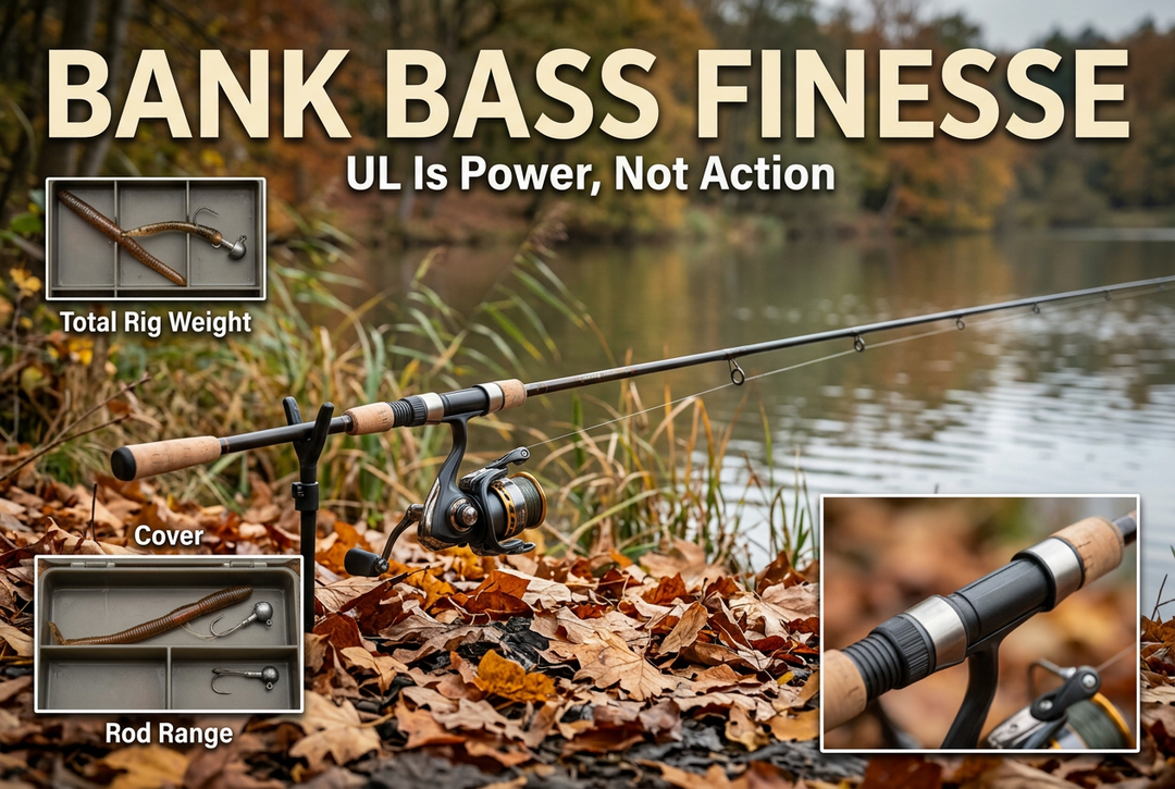 Spinning rod beside an autumn reservoir with soft-plastic and reel-seat insets beneath the headline Bank Bass Finesse: UL Is Power, Not Action.