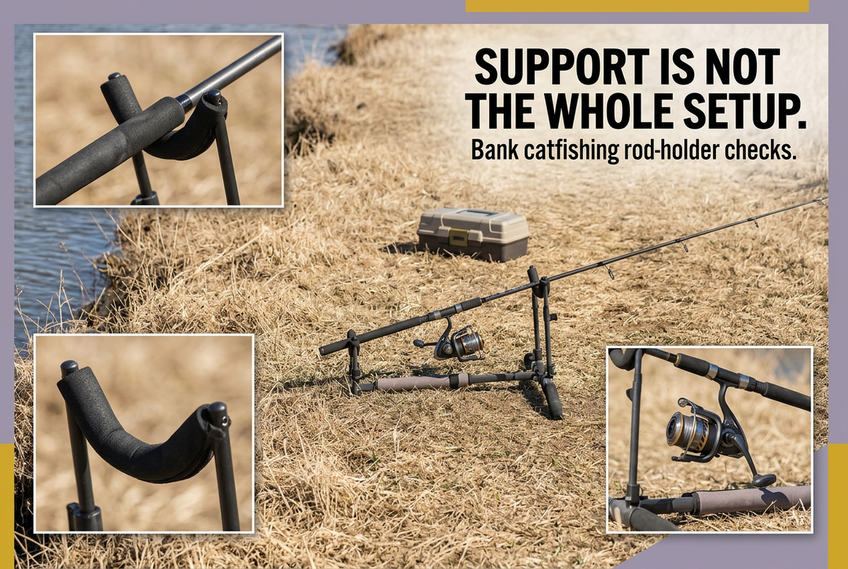 Unloaded fishing outfit on a bank support beside closed tackle storage, with grip and reel insets and the headline Support Is Not the Whole Setup.