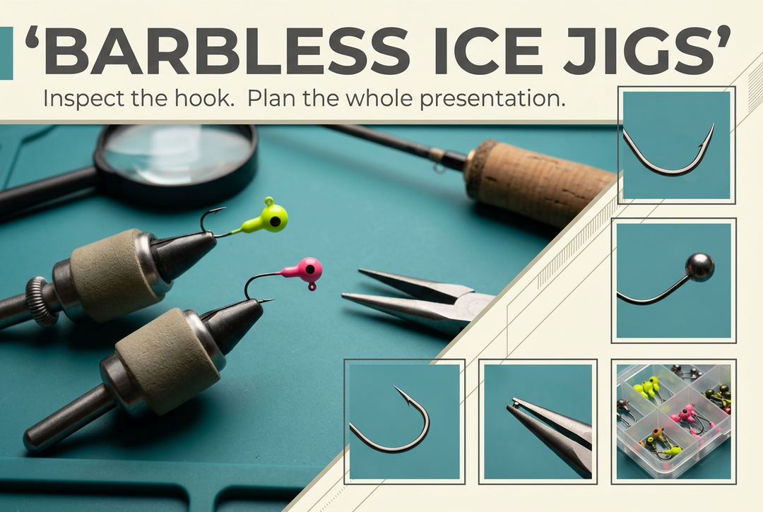 Small ice fishing jigs held in padded vises on a teal work mat, beside pliers and framed hook-detail photographs.