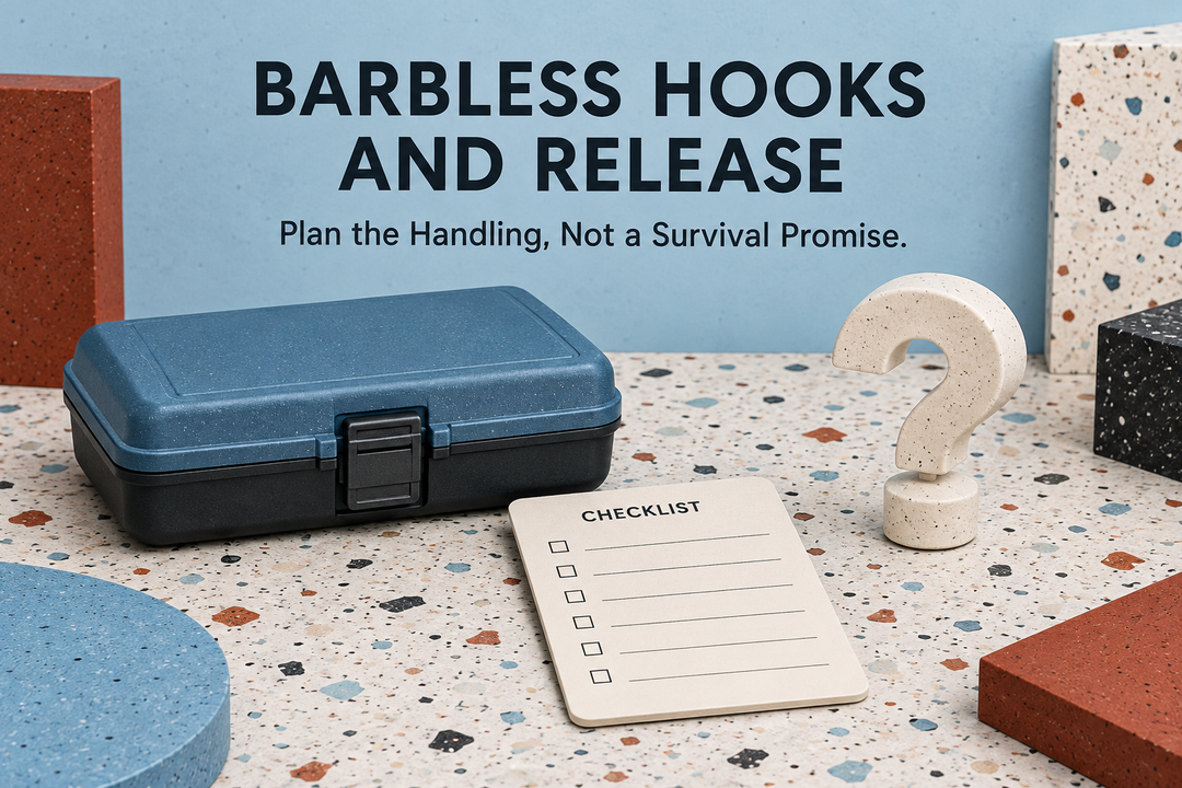 Barbless Hooks and Release English cover with a conceptual closed tackle case, checklist and question mark in powder-blue and brick-red terrazzo style.