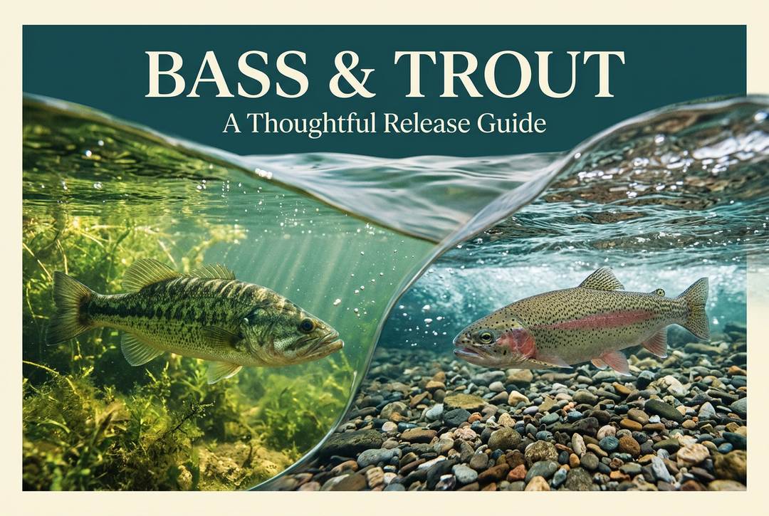 Bass and Trout: A Thoughtful Release Guide cover showing a bass among underwater plants and a rainbow trout above stream gravel.