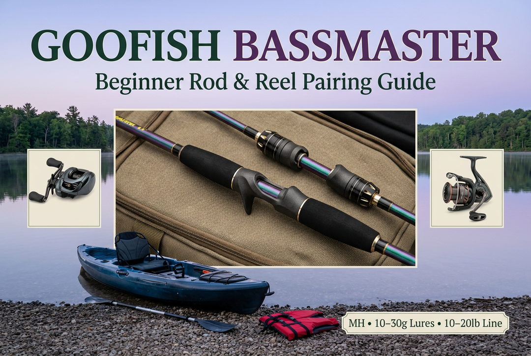 Photo-style GOOFISH BassMaster beginner cover with green-purple rod-handle details, separate spinning and casting reels, and a kayak at a lake shore.