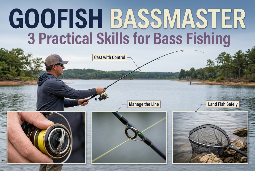 Photo-style BassMaster technique cover showing an angler casting from a reservoir bank, with spinning-reel, line-guide and landing-net insets.