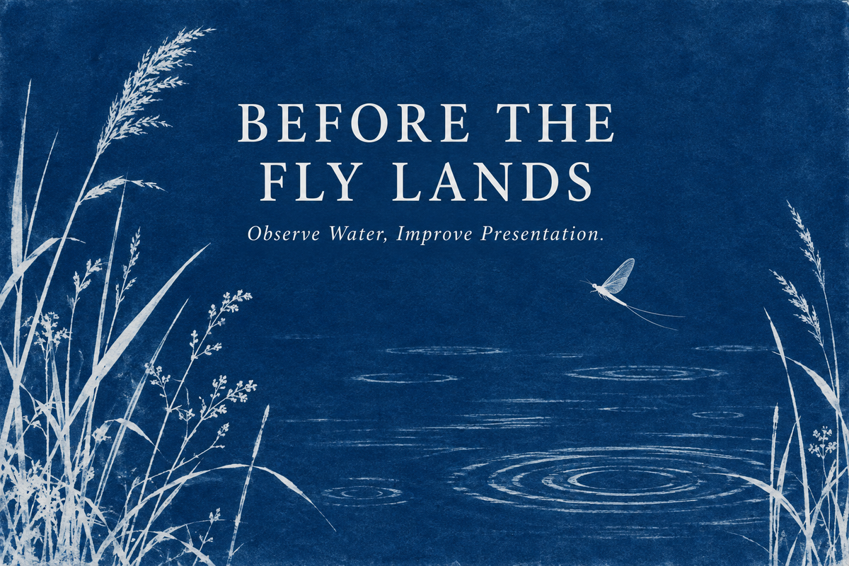 Before the Fly Lands English cover in a blue cyanotype style with white riverside plants, a mayfly silhouette and surface ripples.