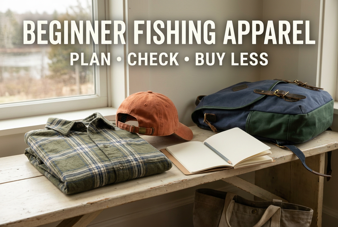 Photorealistic generated natural-light scene of a folded shirt, cap, day bag and notebook, reading Beginner Fishing Apparel: Plan, Check, Buy Less.