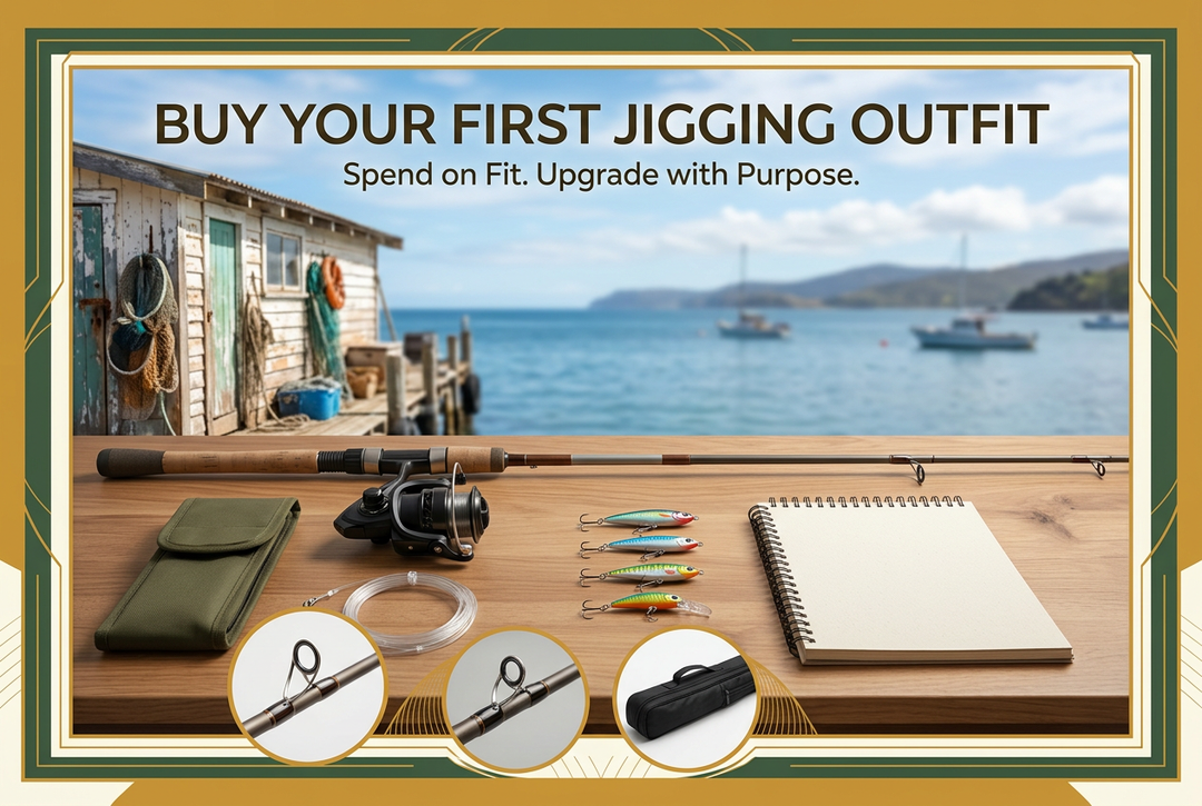 Beginner jigging outfit buying guide showing a spinning outfit, compact lure selection, leader, blank notebook and tackle pouch beside a coastal shed.