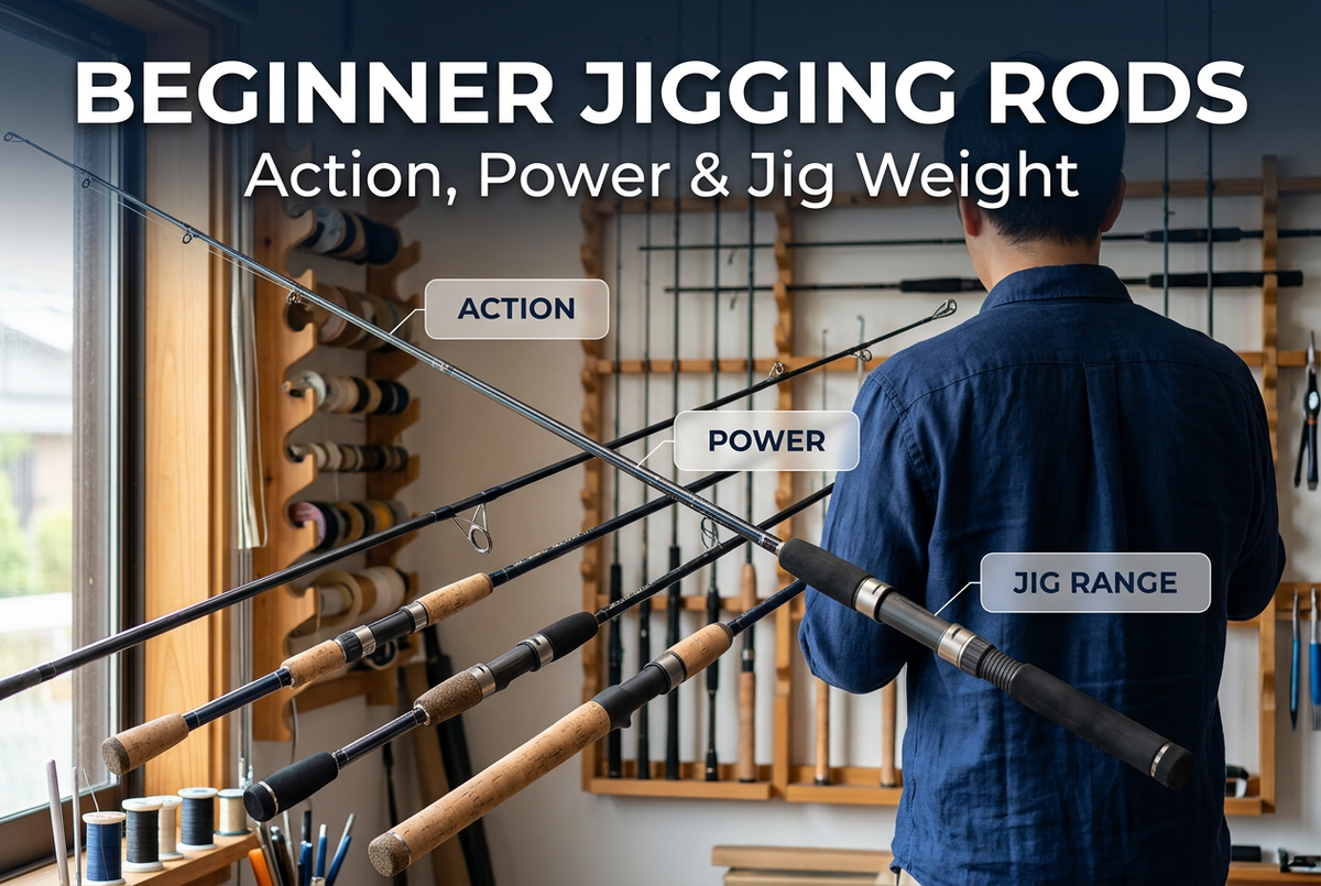 AI-generated fishing rod workshop scene with the English heading Beginner Jigging Rods and labels for action, power and jig range.