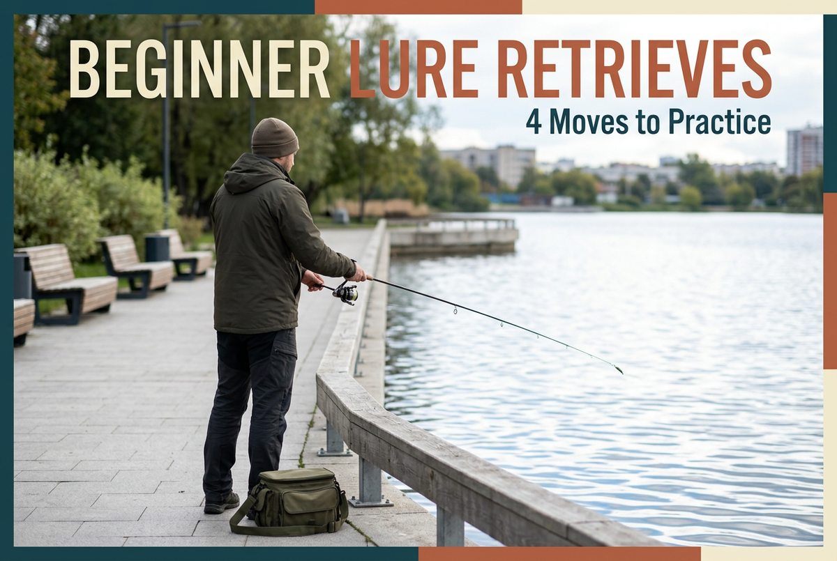 Beginner Lure Retrieves cover showing an adult using a generic spinning outfit beside a lakeside promenade railing, with a tackle bag nearby.