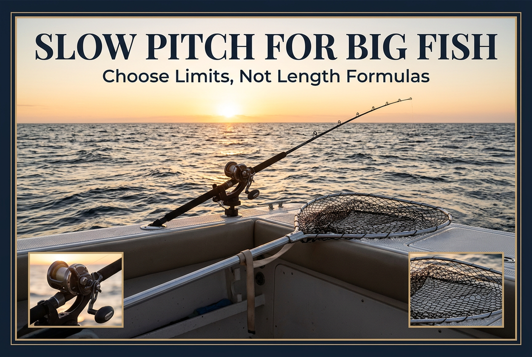 Slow pitch for big fish guide showing a secured jigging outfit and landing net at an offshore boat stern at sunrise.