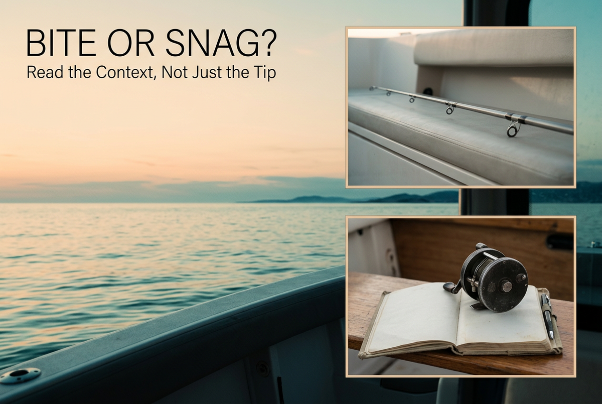 Calm sea with unloaded rod-tip and notebook-and-reel photo insets beneath Bite or Snag? Read the Context Not Just the Tip.