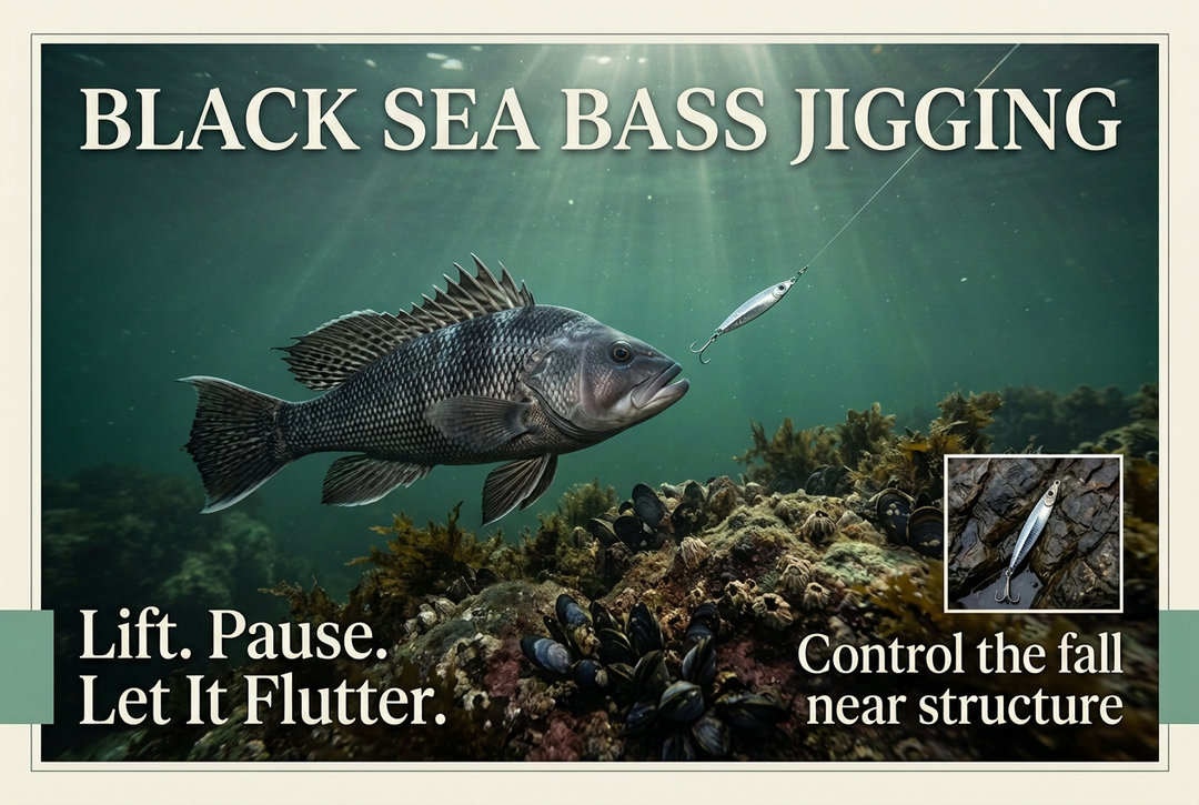 Black sea bass beside a silver metal jig above a rocky mussel reef, with the English title Black Sea Bass Jigging.