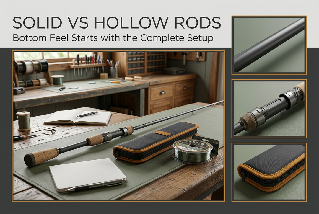 Solid vs Hollow Rods cover showing a generic unloaded fishing rod on a padded wooden workbench with a notebook, line spool and case, plus blank, fitting and case detail panels.