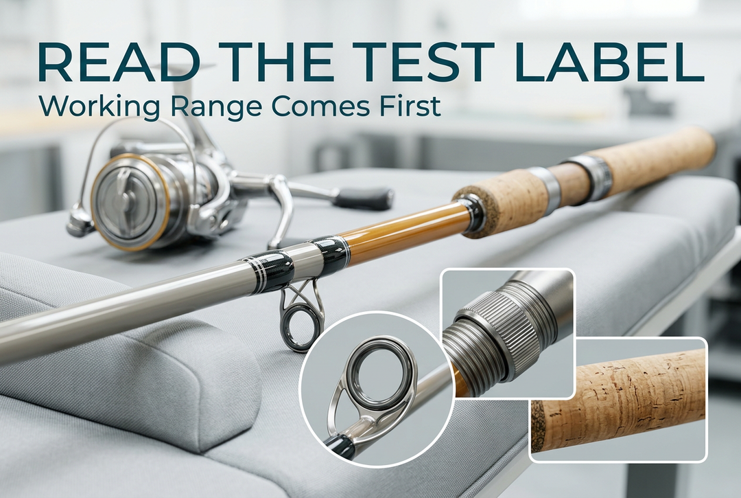Read the Test Label cover showing generic rod exterior and a separate reel on padded supports, with guide-ring, threaded fitting and grip-texture detail panels.