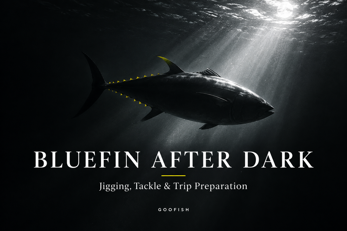 Bluefin After Dark cover with an illustrative tuna silhouette beneath a diagonal shaft of moonlight underwater
