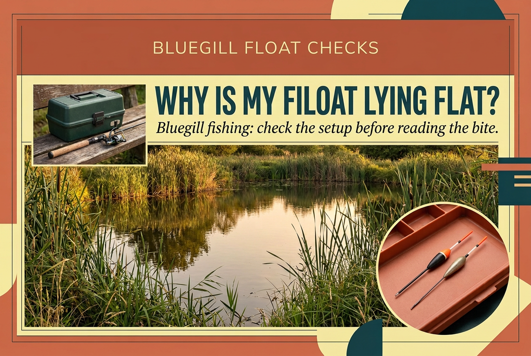 Golden reed-lined pond with inset photographs of antenna floats and a spinning outfit, headed Why Is My Float Lying Flat