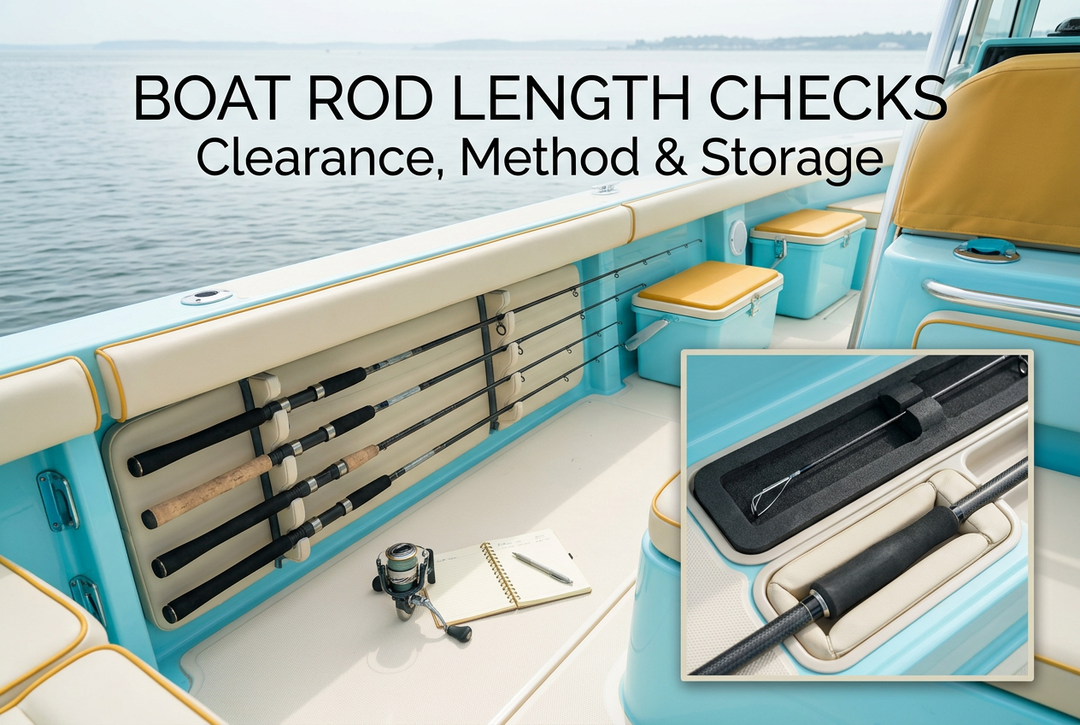 Boat Rod Length Checks cover showing generic unloaded rods in a boat storage rack, a separate reel and notebook, with protected-tip and grip-storage detail panels.