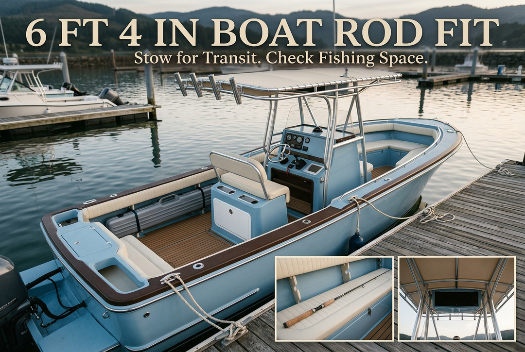 Docked center-console boat with protective case and rod and overhead-space insets, titled 6 FT 4 IN Boat Rod Fit: Stow for Transit Check Fishing Space.
