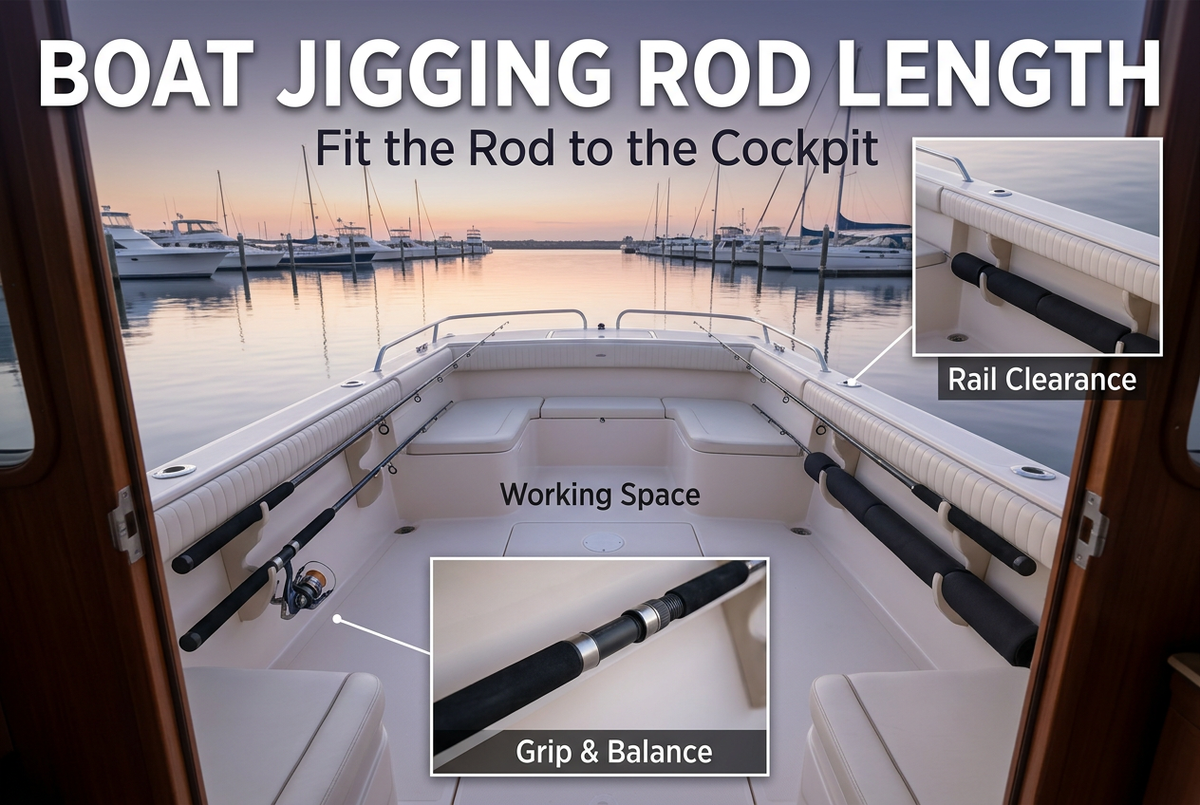 Boat cockpit viewed from a cabin doorway at a calm marina with rod-rack and grip details beneath the headline Boat Jigging Rod Length: Fit the Rod to the Cockpit.