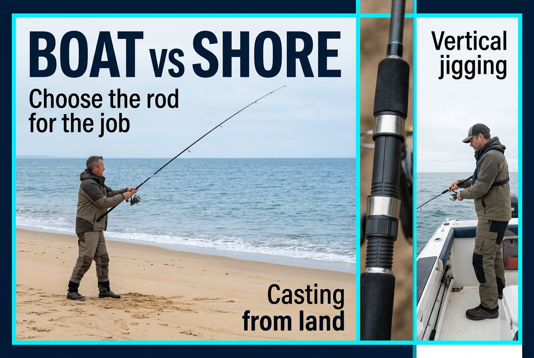 Boat vs Shore editorial collage showing an angler with a long rod on a sandy beach, a reel-seat close-up and an angler jigging inside a boat.