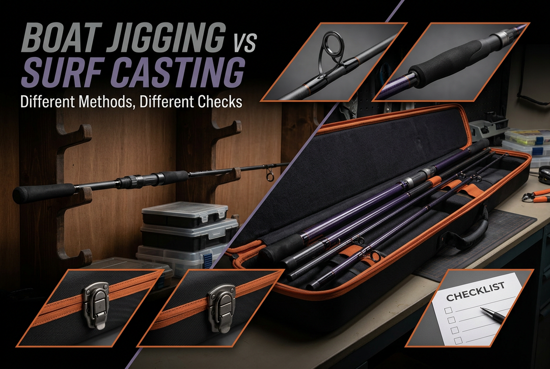 Boat Jigging vs Surf Casting cover with generic unloaded rod in a dry equipment locker, protected sections in an open transport case and angular guide, grip, latch and checklist detail panels.